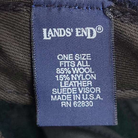 Lands' End Wool Blue Green Plaid Cap Tan Genuine Suede Bill Adjustable - Picture 6 of 7